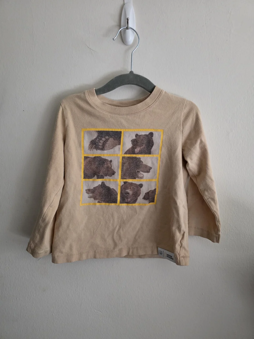 GAP Beige Long-Sleeve Tee with Bear Grid Graphic